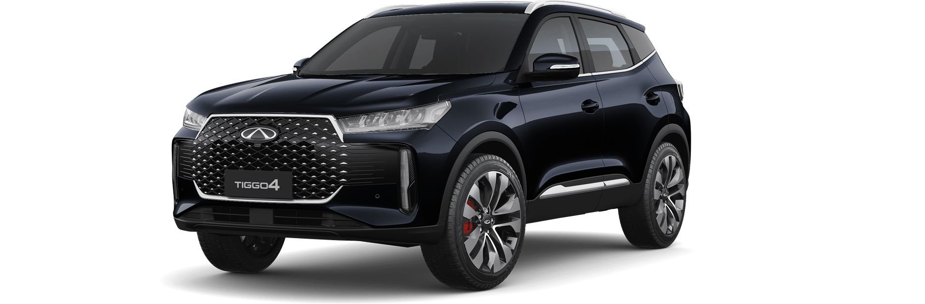 Chery Tiggo 4 Hybrid negro, visto de frente y de costado.